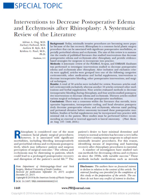 Intervention to Decrease Postoperative Edema and Ecchymosis after Rhinoplasty